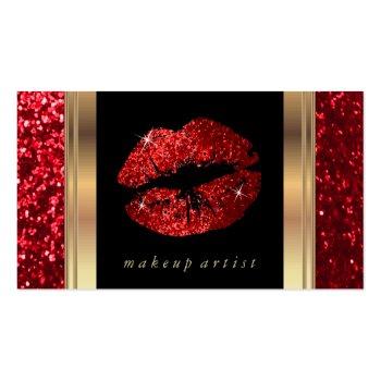 Small Red Glitter Lips And Elegant Gold Business Card Front View