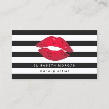red lips black white stripes modern makeup artist business card