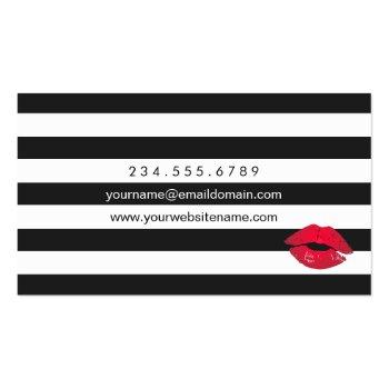 Small Red Lips Black White Stripes Modern Makeup Artist Business Card Back View