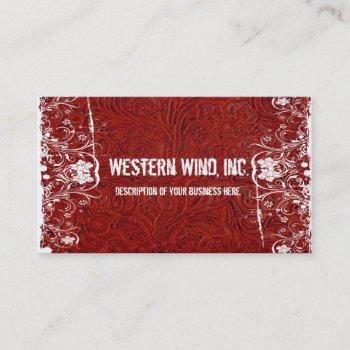 red tooled leather and lace business card
