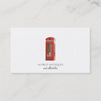 red vintage london telephone booth antiques shop business card