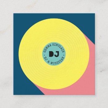 retro blue yellow modern music dj vinyl musician square business card