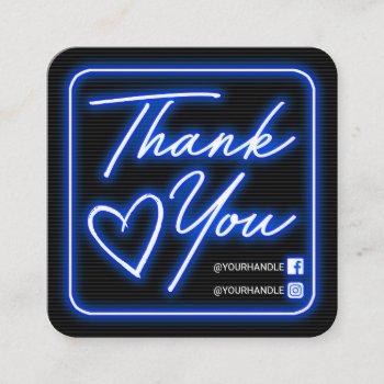 retro neon blue lighted sign customer thank you square business card