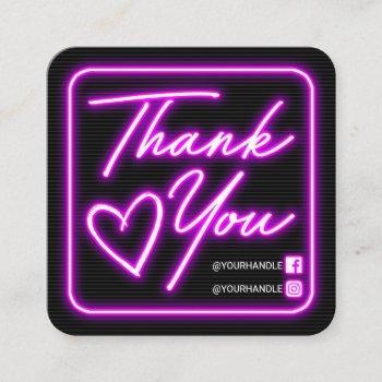 retro neon purple lighted sign customer thank you square business card