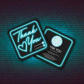 retro neon teal lighted sign customer thank you square business card