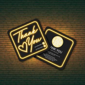 retro neon yellow lighted sign customer thank you square business card