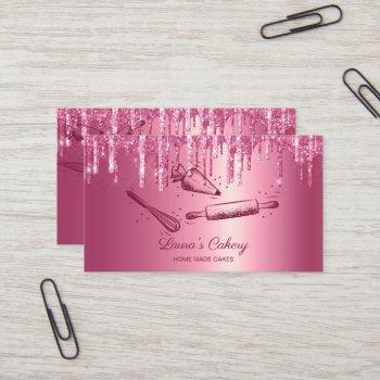rolling pin & whisk cupcake bakery dripping pink business card