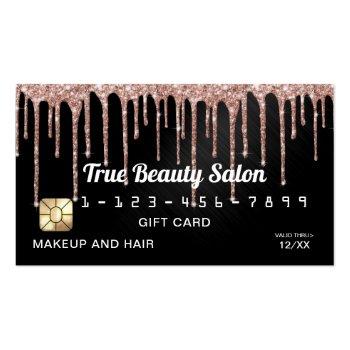 Small Rose Gold Black Metallic Glitter Drips Gift Credit Business Card Front View