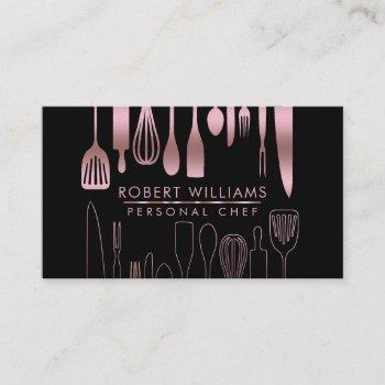 rose gold chef kitchen tools glitter faux catering business card