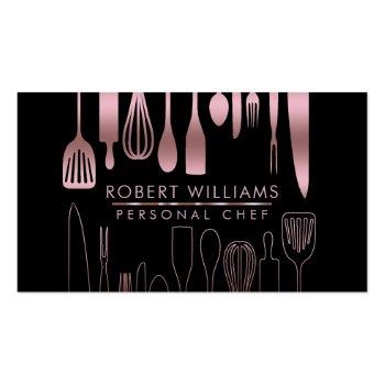 Small Rose Gold Chef Kitchen Tools Glitter Faux Catering Business Card Front View
