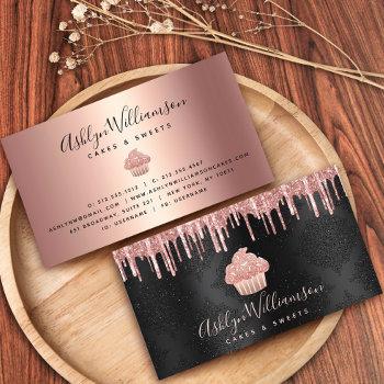 rose gold cupcake glitter drips bakery chef black business card