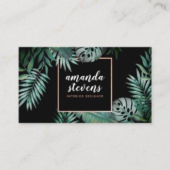 rose gold foil black tropical green watercolor business card