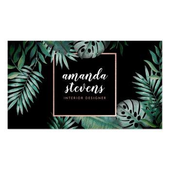 Small Rose Gold Foil Black Tropical Green Watercolor Business Card Front View