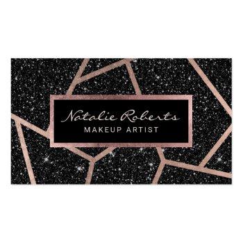Small Rose Gold Geometric Black Glitter Beauty Salon Business Card Front View