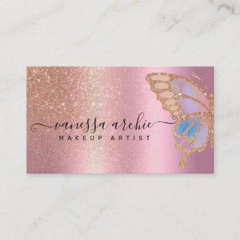 rose gold glitter metallic foil rainbow butterfly business card