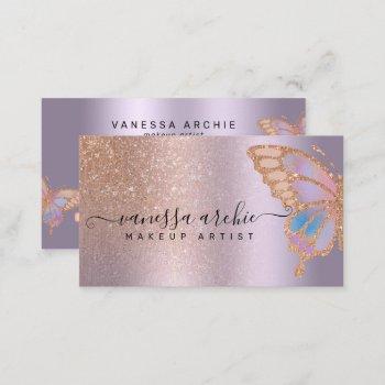 rose gold glitter metallic lavender foil butterfly business card