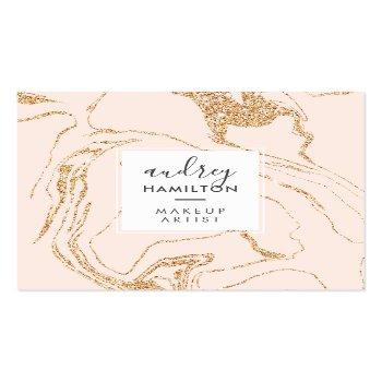Small Rose Gold Glitter Pink White Marble Elegant Makeup Square Business Card Front View