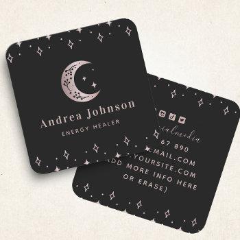 rose gold mystic moon & star sparkles modern witch square business card