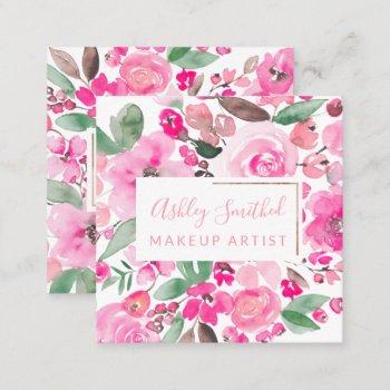 rose gold pink floral watercolor chic makeup square business card