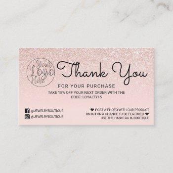 rose gold pink glitter ombre customer thank you business card