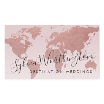 Small Rose Gold Pink World Map Travel Business Card Front View