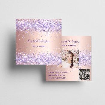 rose gold purple glitter photo qr code square business card