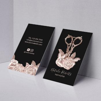 rose gold scissor & flowers hair stylist salon business card