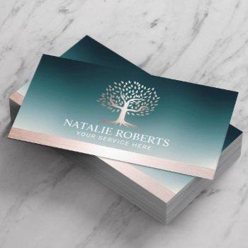 Small Rose Gold Tree Logo Teal Wellness Salon Spa  Business Card Front View