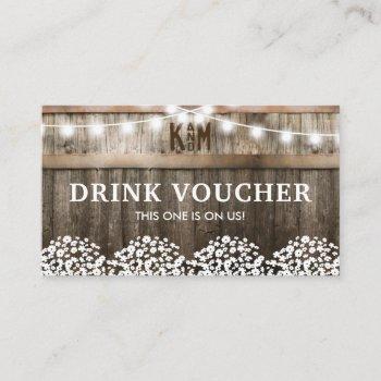 rustic barn wedding free drinks voucher business card
