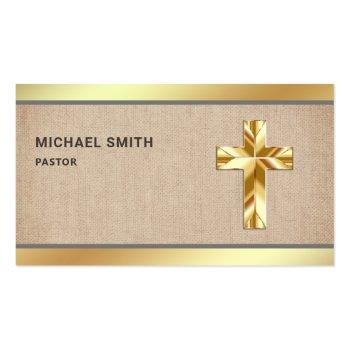Small Rustic Burlap Gold Foil Jesus Christ Cross Pastor Business Card Front View
