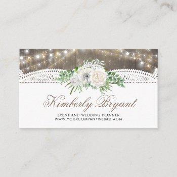 rustic country string of lights lace wood floral business card
