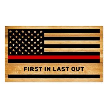 Small Rustic Firefighter Thin Red Line America Flag Wood Business Card Back View