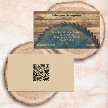 rustic green circular saw carpentry qr code back business card
