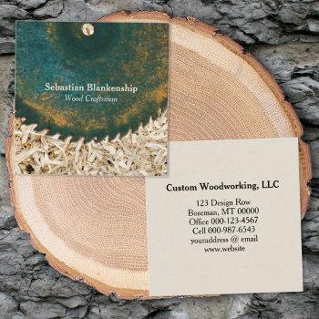rustic green circular saw sawdust woodworking  square business card