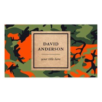 Small Rustic Kraft Woodland Orange Camouflage Pattern Business Card Front View