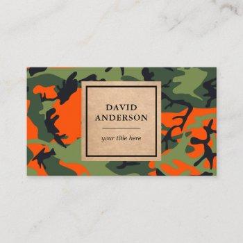 rustic kraft woodland orange camouflage pattern business card