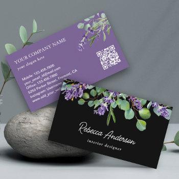 rustic lavender floral eucalyptus black qr code business card