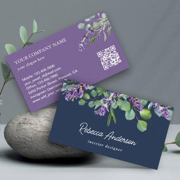 rustic lavender floral eucalyptus navy qr code business card