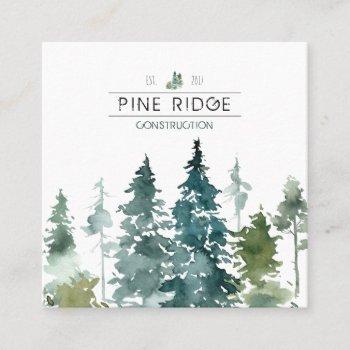 rustic minimalist watercolor pines square square business card