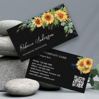 rustic sunflowers eucalyptus black qr code business card