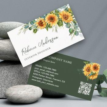 rustic sunflowers eucalyptus qr code business card