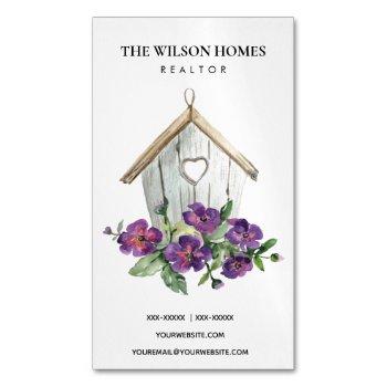Small Rustic White Floral Birdhouse Real Estate Realtor Business Card Magnet Front View