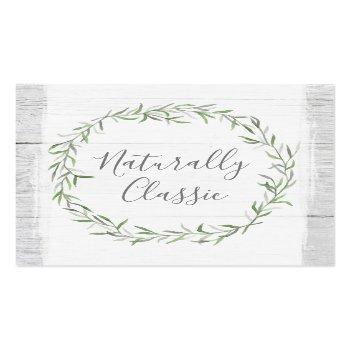 Small Rustic Wood & Botanical Leaf Branches Green Wreath Square Business Card Front View