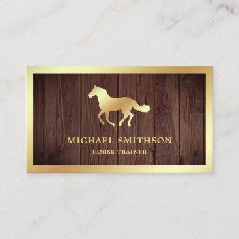 rustic wood gold foil horse riding instructor business card