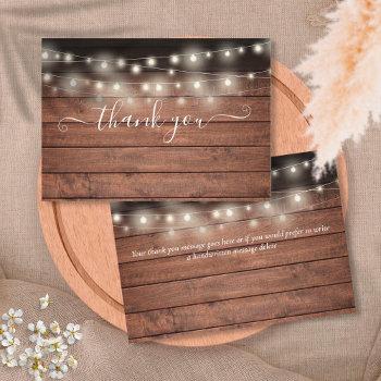 rustic wood string lights script wedding thank you card