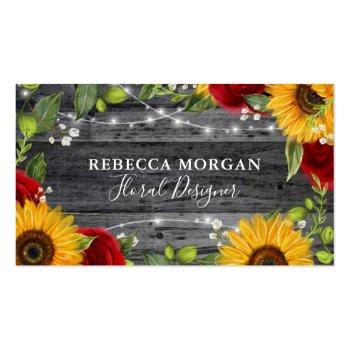 Small Rustic Wood Watercolor Floral Red Rose Sunflower Business Card Front View