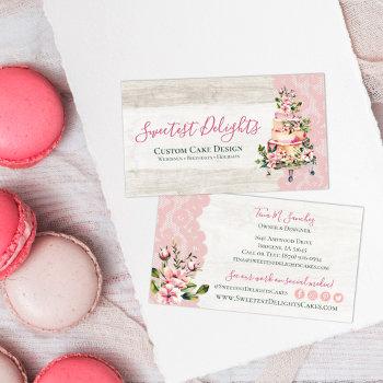 rustic wood watercolor floral wedding cake bakery business card
