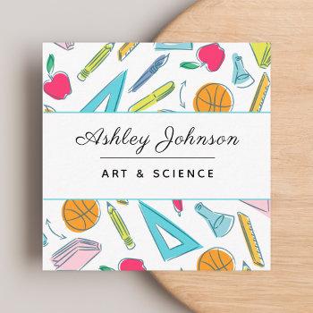 school things objects pattern teacher colorful fun square business card
