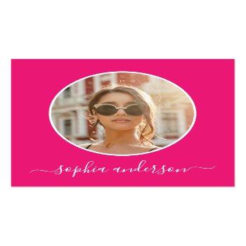 Small Script Modern Chic Photo Hot Pink Social Media Calling Card Front View