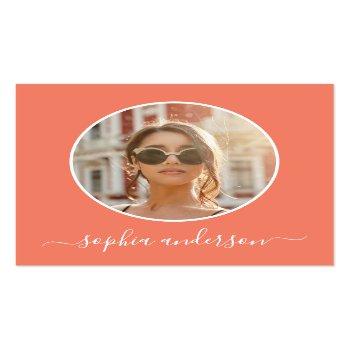 Small Script Modern Chic Trendy Coral Photo Social Media Calling Card Front View